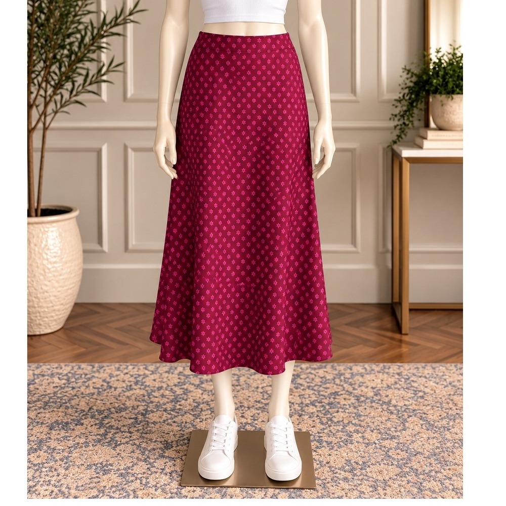 Free Assembly Womens Midi Skirt Pink Floral Satin Elastic Waist Medium